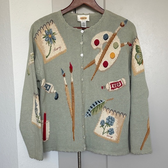 Talbots Sweaters - VINTAGE 90S TALBOTS GREEN PAINT ART PAINT THEMED KNIT CARDIGAN SWEATER WOMENS PM